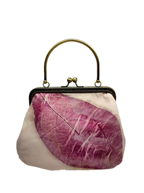 ECO PRINT RED LEAF CLUTCH BAG WITH BRASS HANDLE